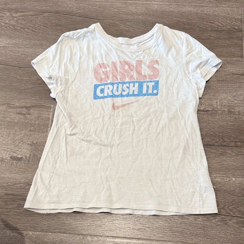 Nike Kids' White Tee with Pink and Blue 'Crush It' Design